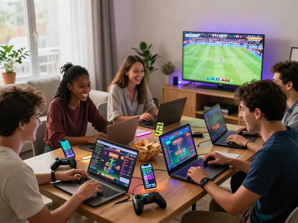 Friends enjoying Link M88 gaming session in a cozy living room with laptops and sports on TV.