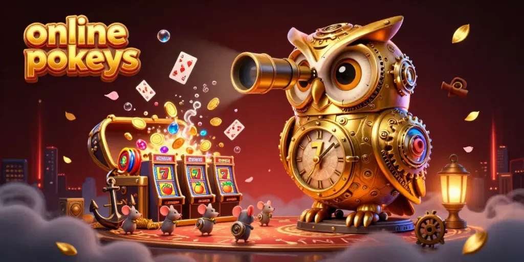Experience the thrill of online pokies with a golden owl overseeing action-packed slot machines and treasures.