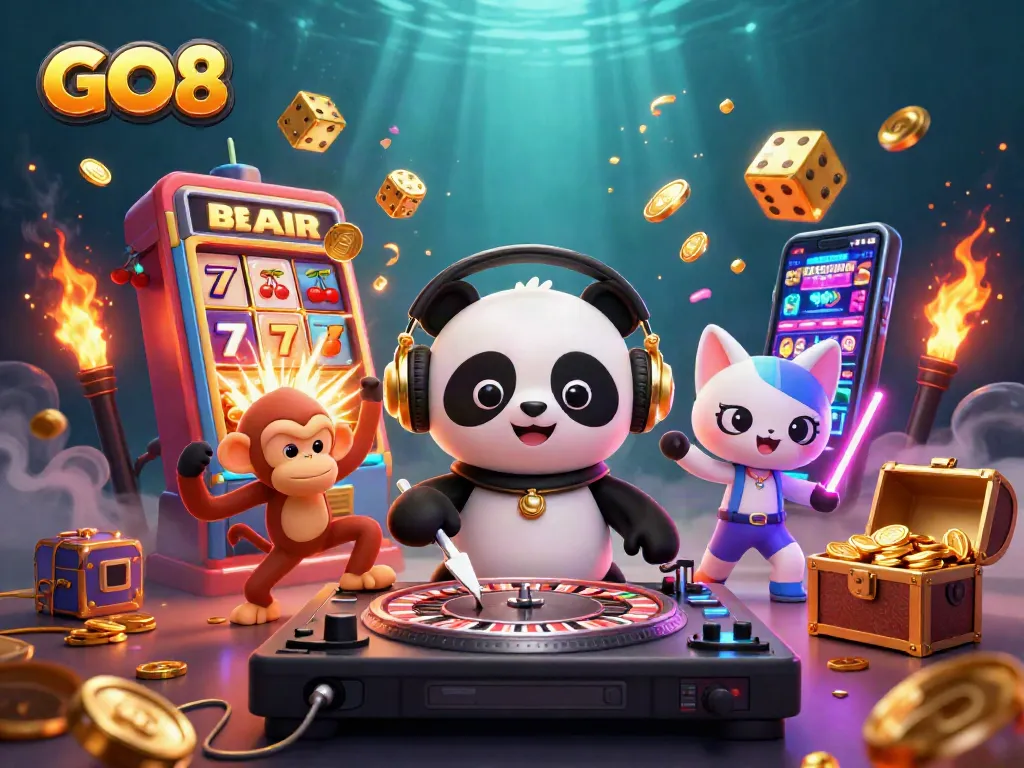 GO8 themed vibrant illustration showcasing a DJ panda, breakdancing monkey, and glowing kitten amidst casino elements.