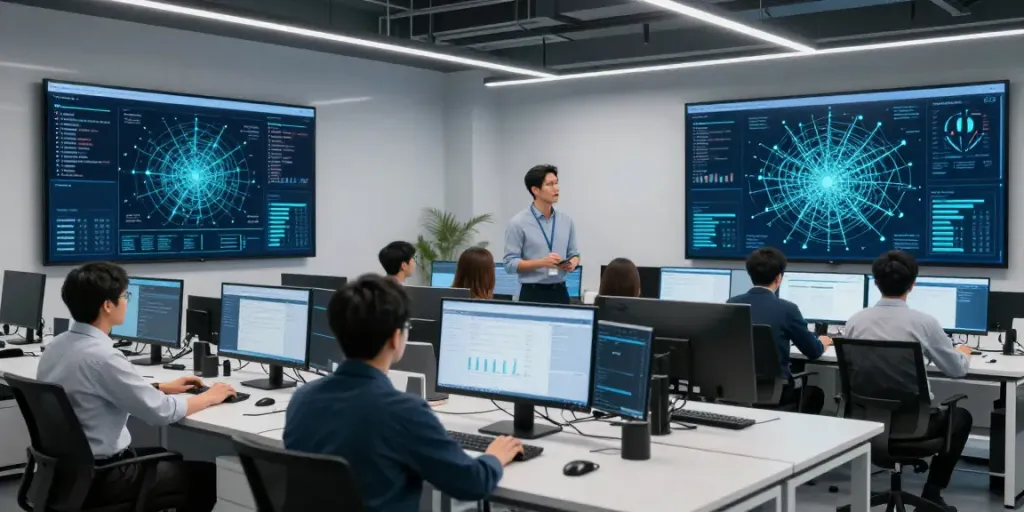 Web application VA assessment in a modern cybersecurity workspace with teams using advanced tech.