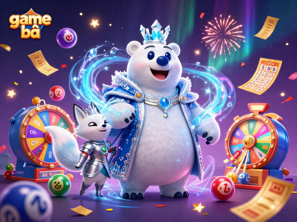 Experience the thrill of game bài with colorful lottery elements surrounding an ice king and snow fox.
