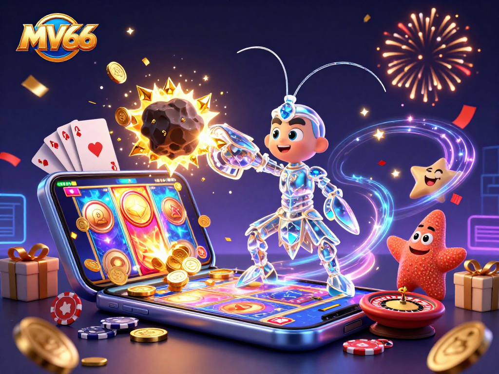 MV66 showcases a dynamic 3D casino scene featuring a galactic samurai shrimp and a starfish with casino elements.