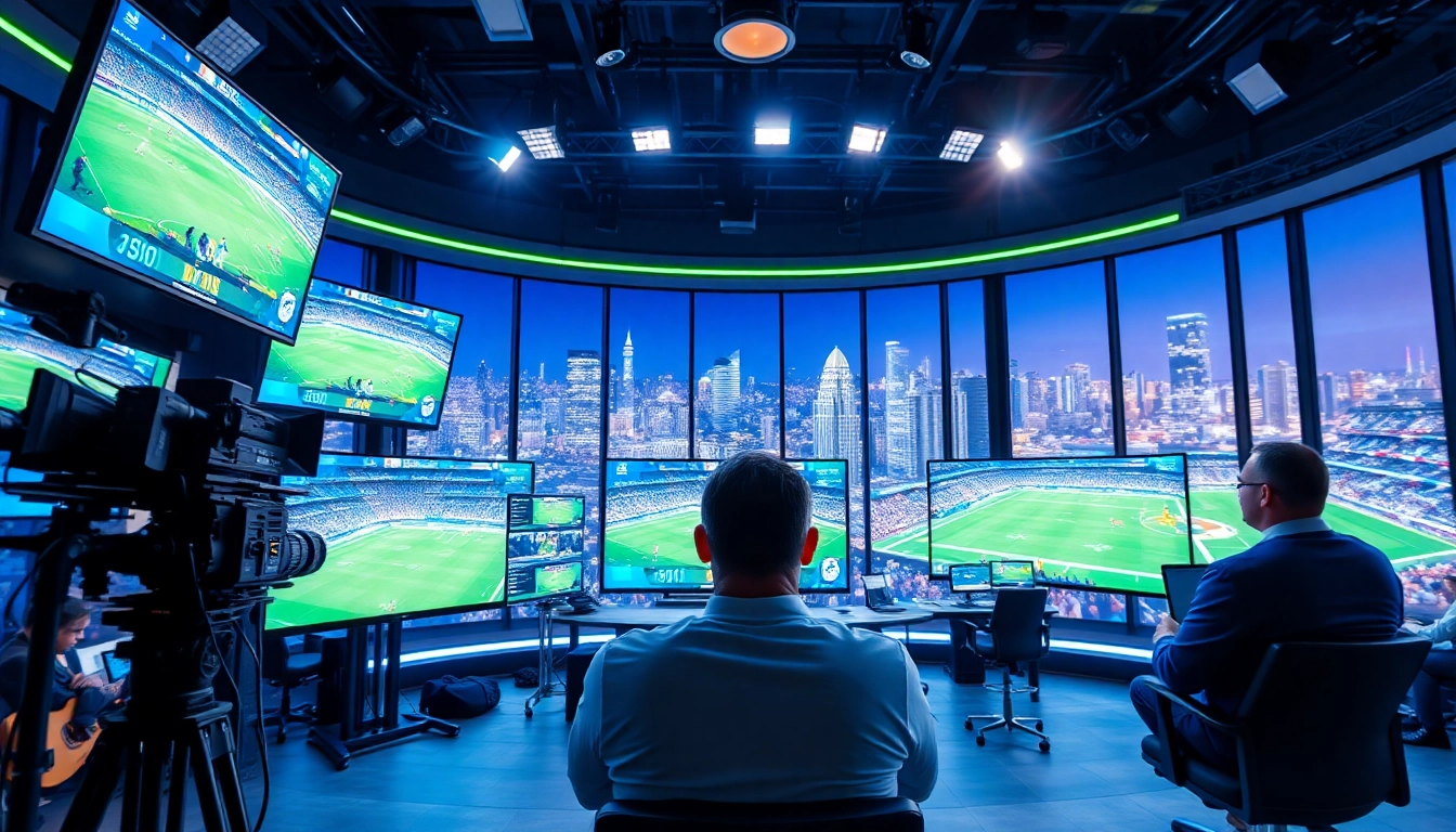 Exciting sports broadcasting studio with announcers delivering live updates on multiple screens.
