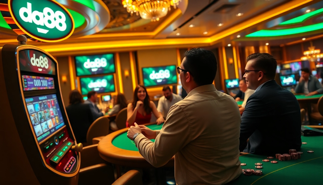 Engaged gamblers at the stylish da88 casino, experiencing the thrill of slots and poker.