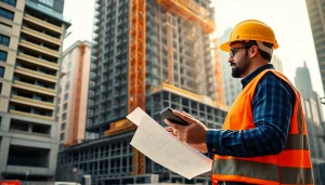 New York Construction Manager reviewing plans at a busy construction site.