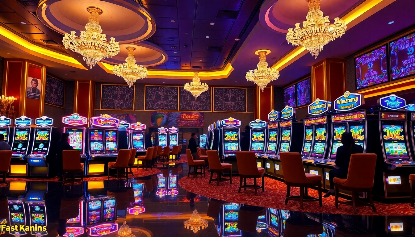 Engaging players enjoying nổ hũ online on vibrant slot machines in a luxurious casino.