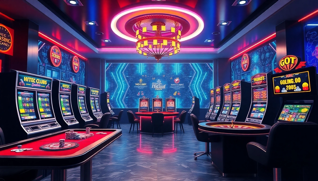 Cổng game HITCLUB offering an exciting online casino experience with vibrant slot machines and gaming tables.