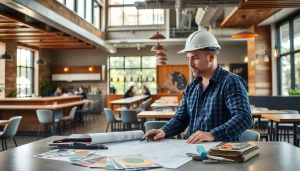 Restaurant buildout contractor Austin designing a modern restaurant interior with vibrant colors.