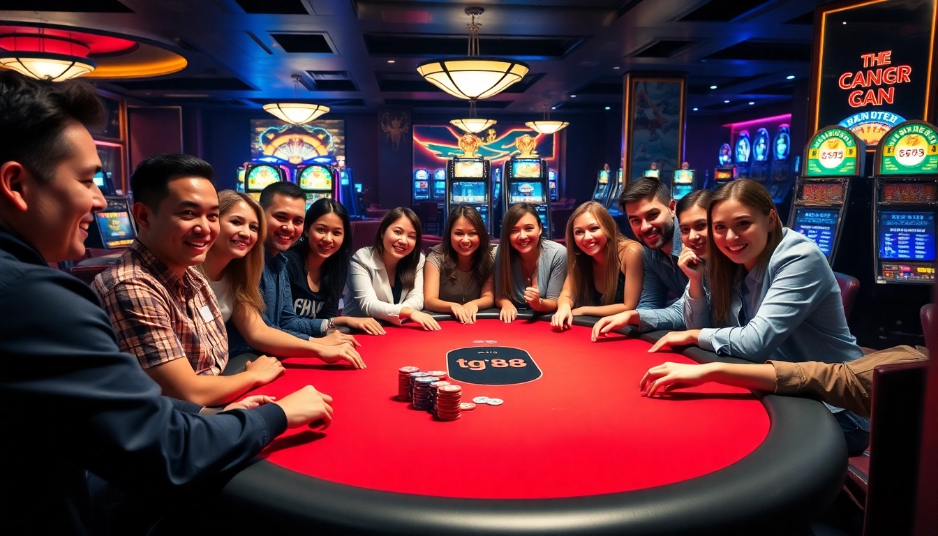 Players enjoying a thrilling poker game at a tg 88 casino table with vibrant chips.