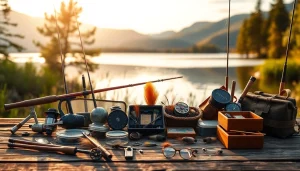 Showcase fly fishing accessories on a rustic table beside a tranquil lake at sunrise.