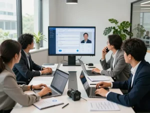 Team strategizing with an automated phone system in a modern office setting, enhancing collaboration and efficiency.