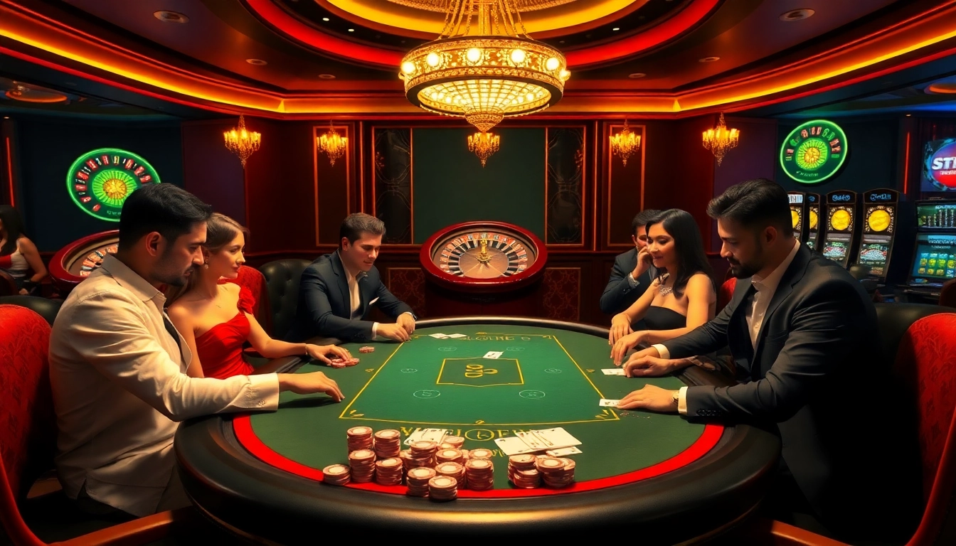 KONG88 poker players engaged in a high-stakes game at a luxurious casino table