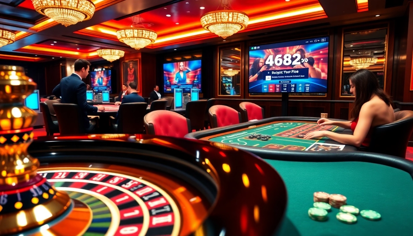 Betting action at https://five882.com/ casino, showcasing a luxurious roulette table with players engaged and vibrant chips.