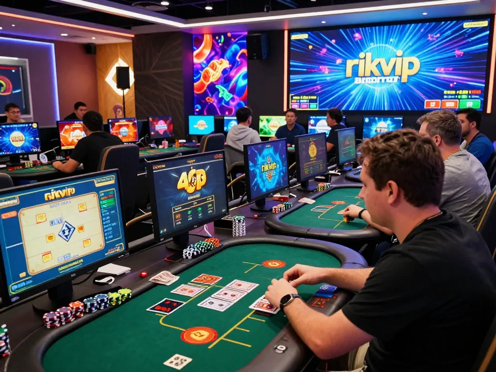 Players enjoying rikvip online games in a vibrant gambling environment with colorful graphics and high-energy atmosphere.