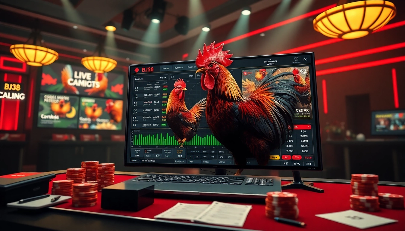 Engaging scene of online gambling with đá gà bj38 betting interface showcasing dynamic odds and vivid visuals.