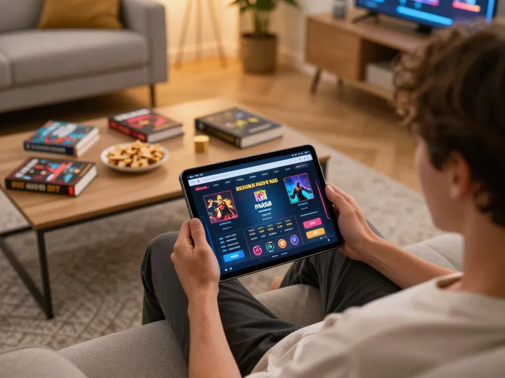 Player engaging with mb668 platform via tablet in a cozy home setting.