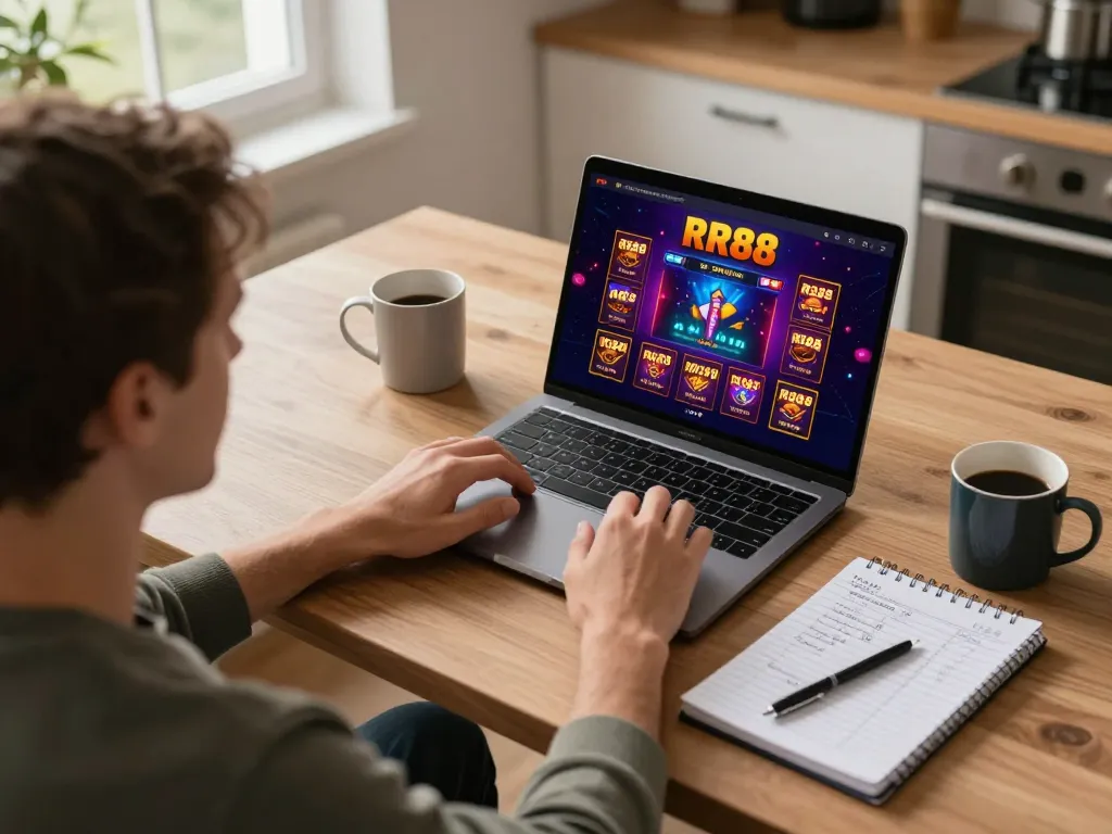 Player analyzing bankroll strategies while using the RR88 casino app on a laptop at home.