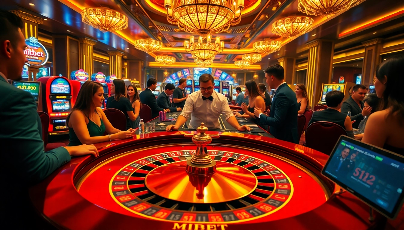 Experience thrilling Mibet gambling with vibrant casino tables, poker chips, and slot machines.