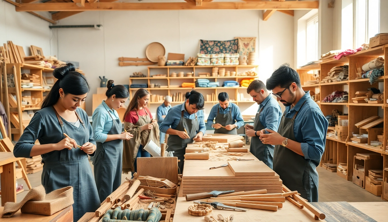 Explore craft training programs with artisans working collaboratively in a vibrant workshop.