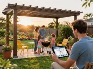 Engaging family using a 3D pergola configurator tool while enjoying their outdoor space.