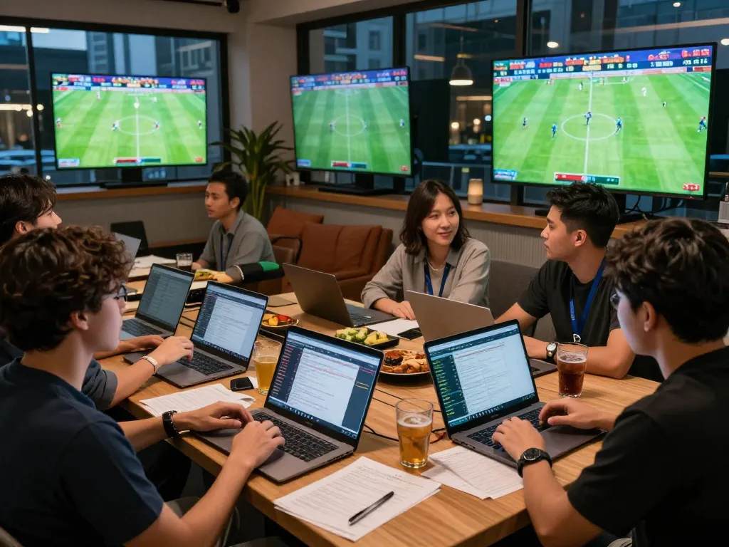 Engaged group analyzing kèo nhà cái during a live football match in a vibrant sports lounge.