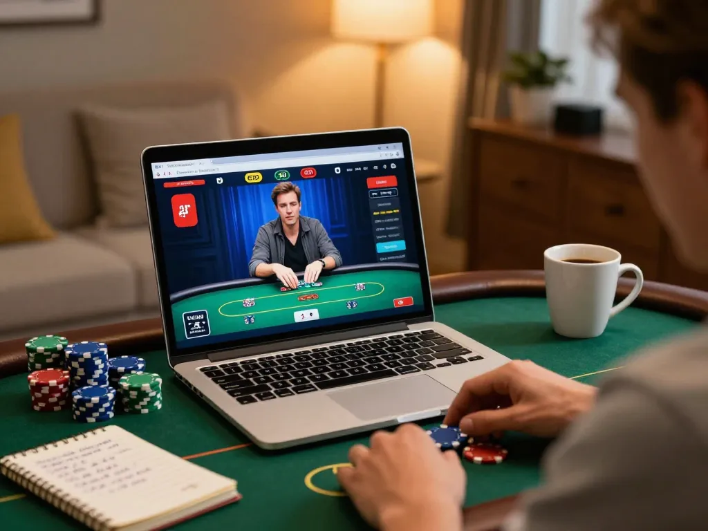 Player engaged in an online gem88 poker game at home with strategy notes and chips.