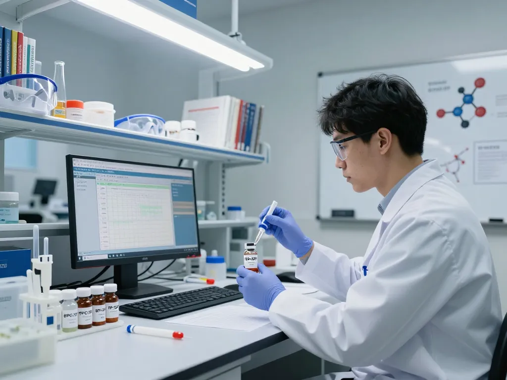 Researcher analyzing BPC157 TB500 peptides in a laboratory environment with scientific equipment.