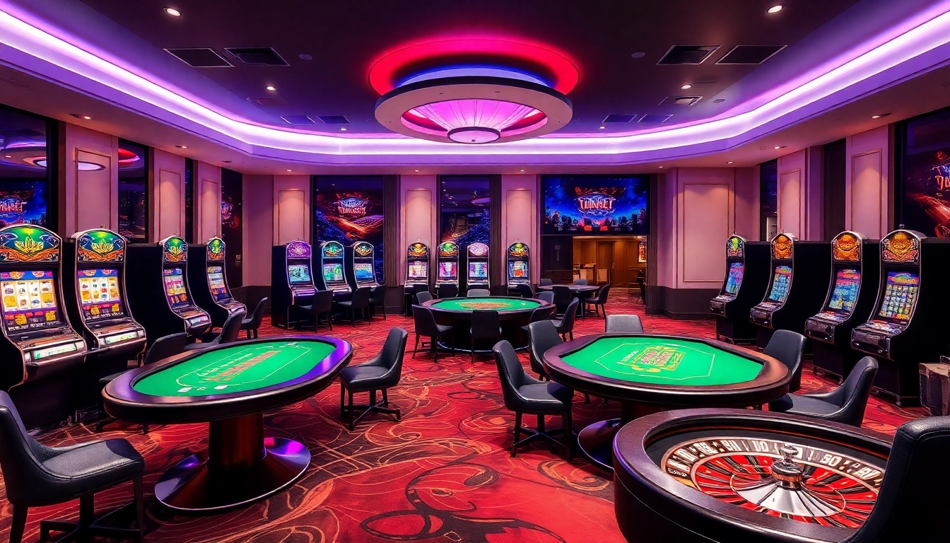 Experience thrilling gameplay at THABET casino with vibrant slot machines and stylish poker tables.