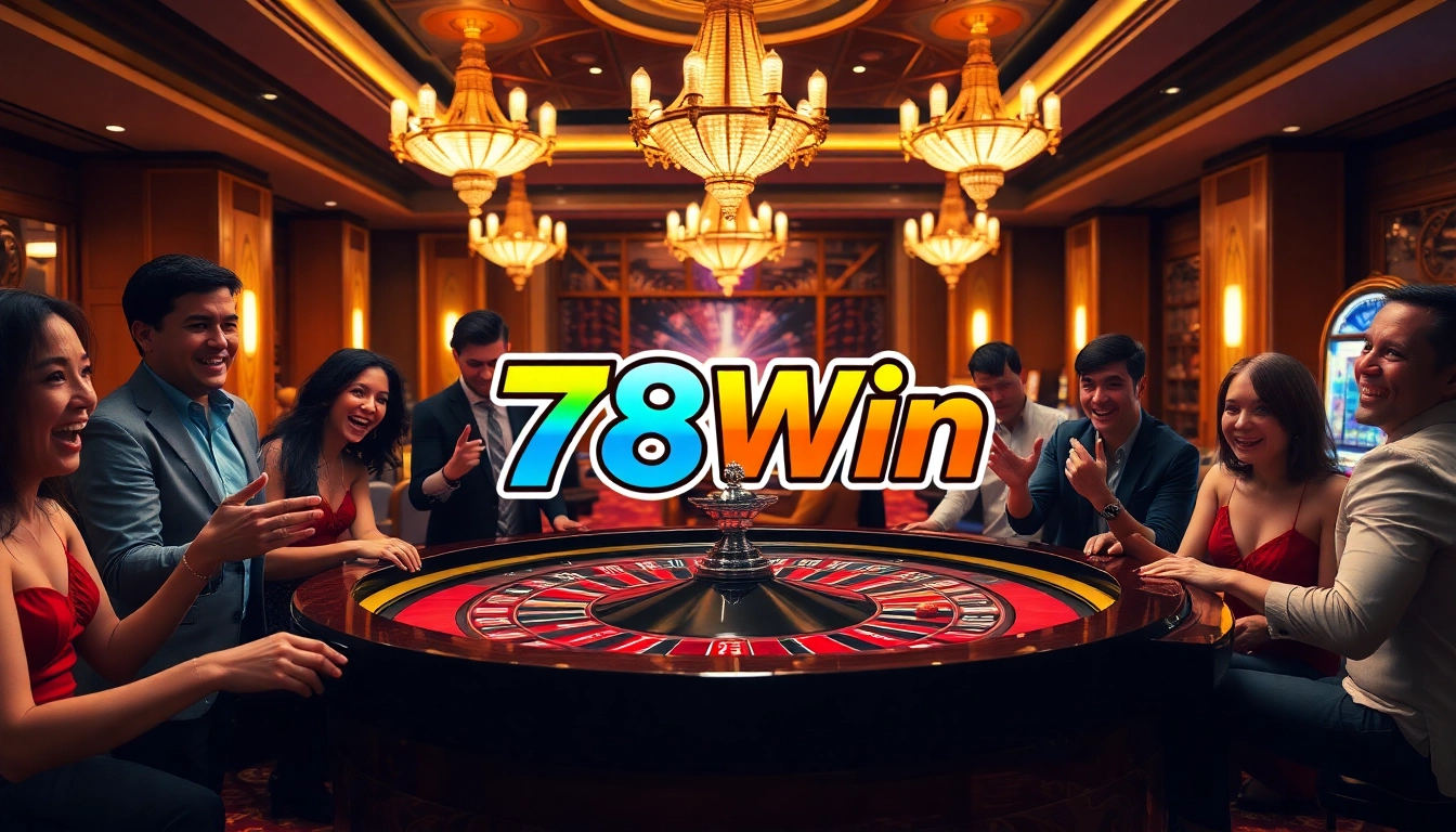 Exciting gamers placing bets at the luxurious roulette table of 78Win casino, with vibrant decorations and lively atmosphere.
