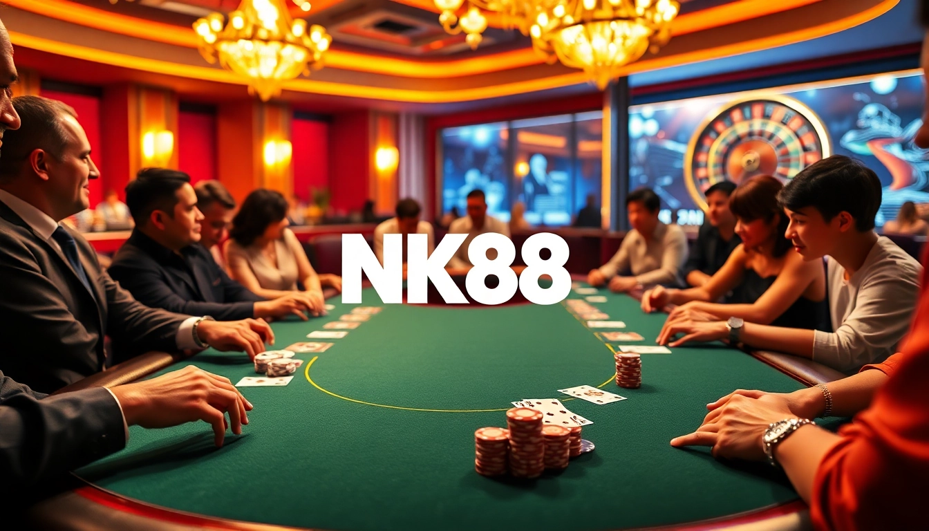 NK88 poker table bustling with players, showcasing action and excitement in a vibrant casino scene.