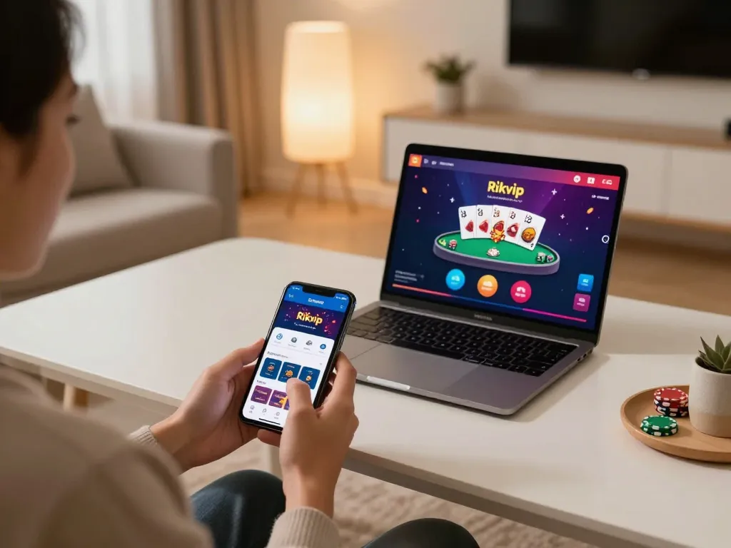 Engaging in mobile gaming on the rikvip app showcasing strategic online gambling.