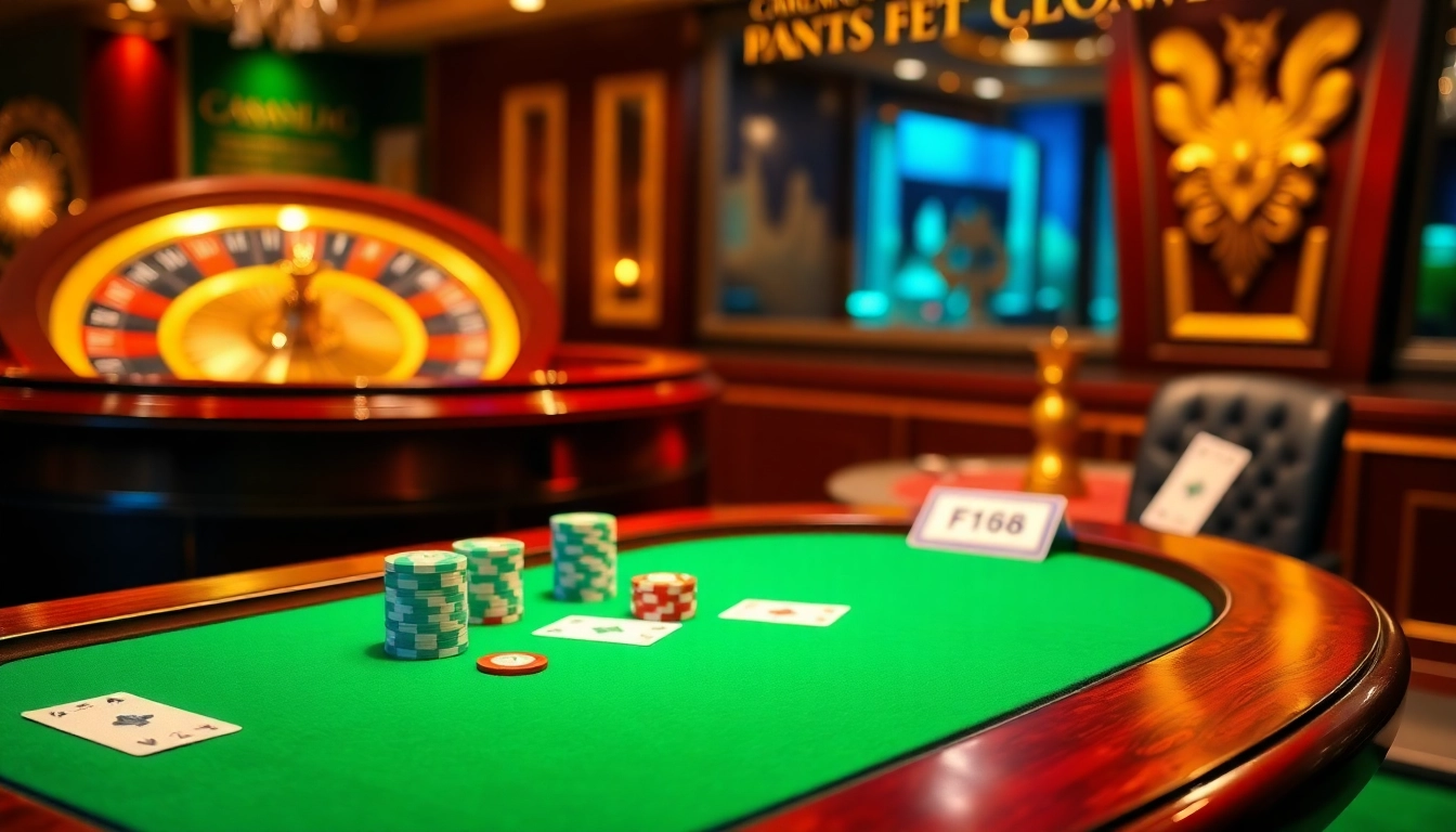 Players engaging in high-stakes poker with F168 branding visible among vibrant chips and cards.