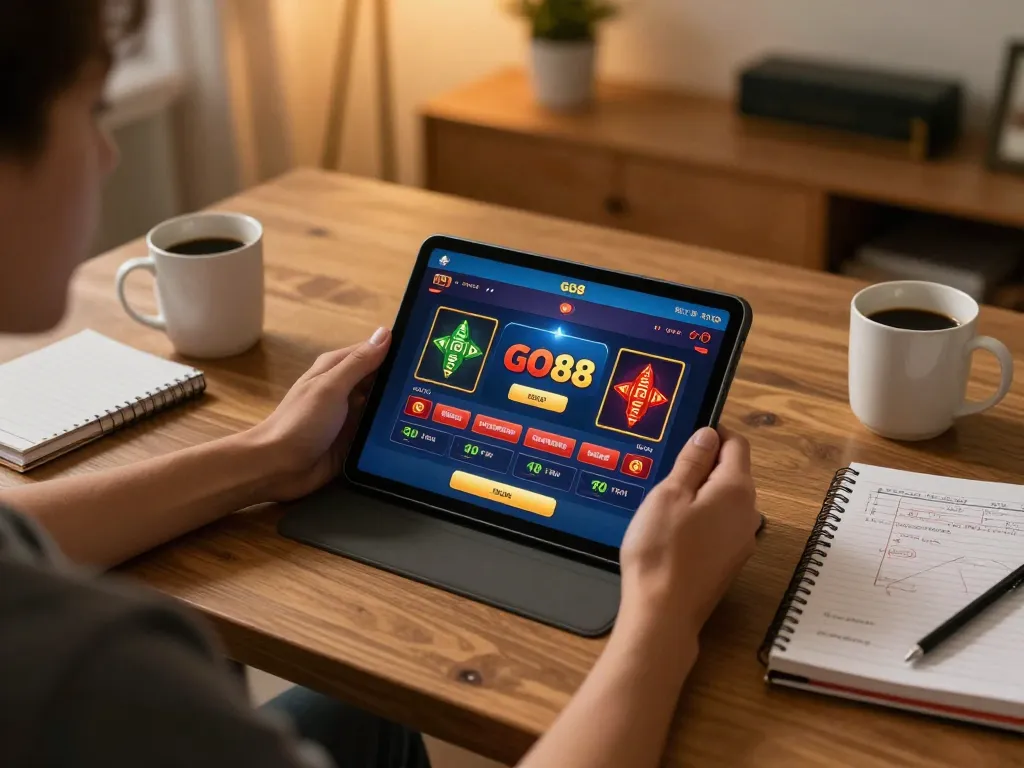 Engage with GO88 casino on a tablet, enjoying online gambling in a cozy home setting.