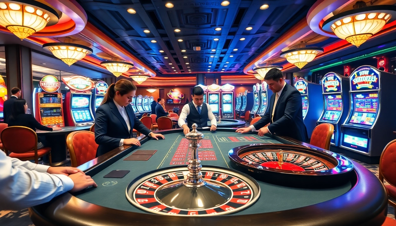 Experience the thrill of gambling at https://red88.br.com/ with an exciting casino scene featuring vibrant tables and players.