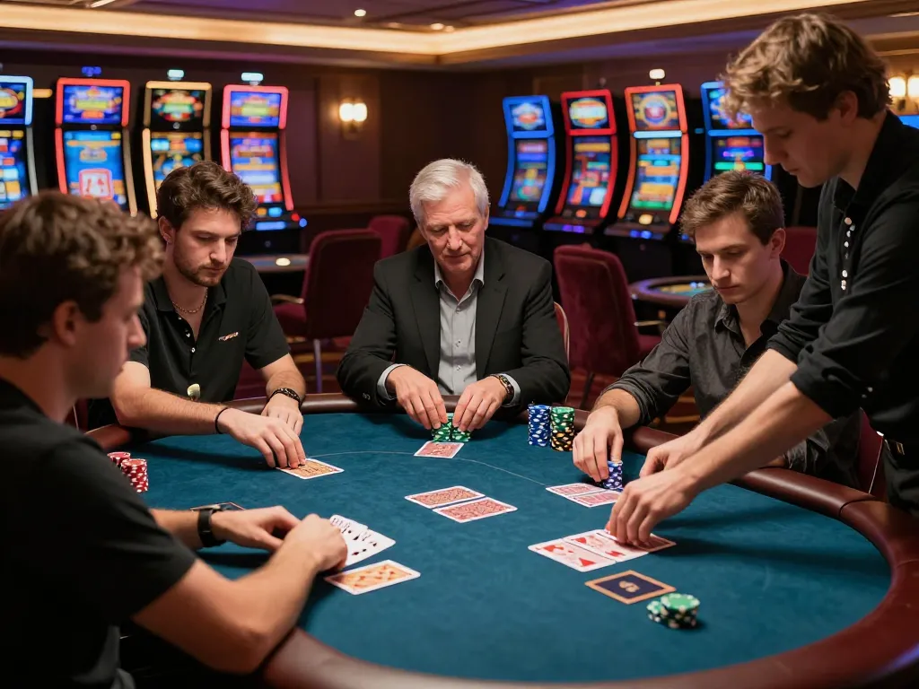 Engaging high-stakes poker scene at a luxury casino showcasing the go8 players deep in strategy.