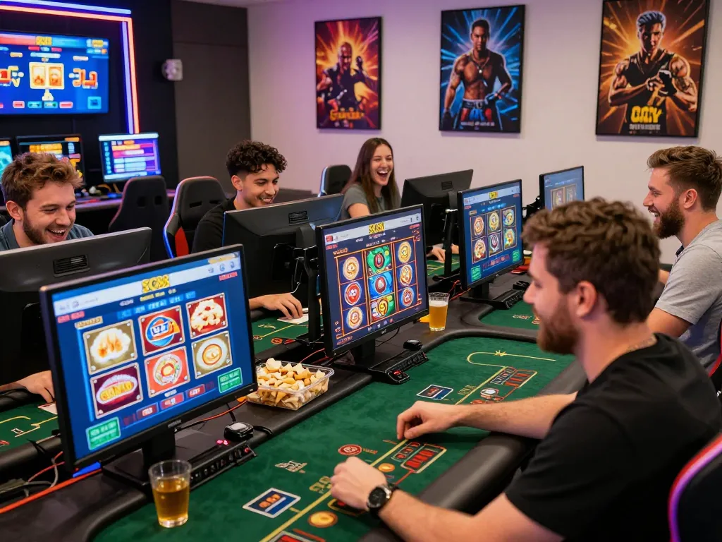 Players enjoying SC88 online gambling experience with vibrant games and modern tech setup