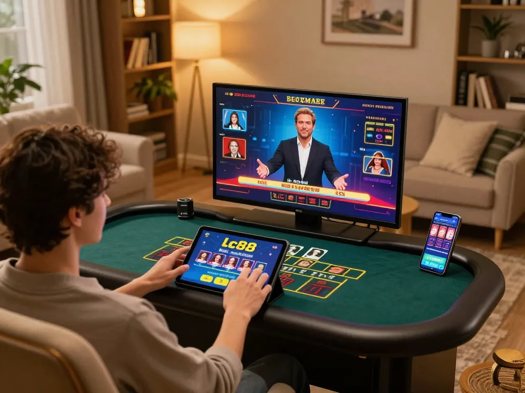 Engaging with lc88 online casino on a tablet during a live blackjack game, showcasing a cozy home gaming environment.