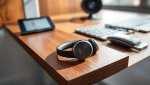 Showcasing F1 Bone Conduction Headphones with sleek design on a modern desk.