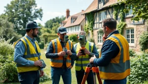 Measured building surveys Surrey with expert surveyors using advanced surveying equipment outdoors.