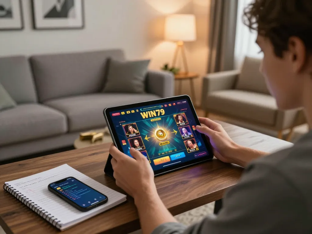 Player enjoying WIN79 betting experience at home with tablet and strategy notes to enhance gaming.