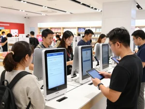 Customers utilizing electronic queue management in a busy retail setting, enhancing shopping efficiency.