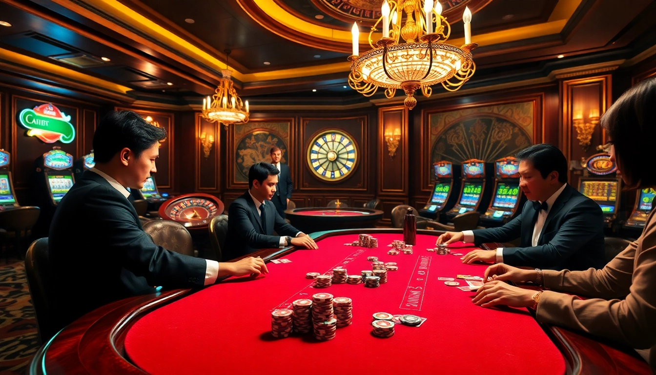 Gambling excitement with gamebaidoithuong coffee at a luxurious casino poker table.