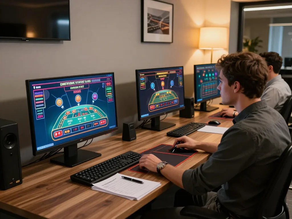 Player engaging with 789CLUB online casino games across multiple screens, strategizing for better odds