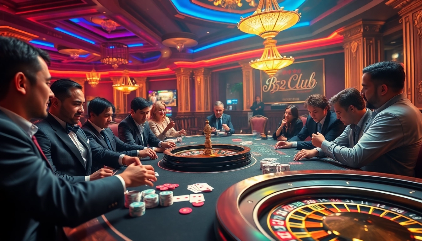 B52CLUB players enjoying an exciting game around a glamorous casino table with vibrant lights and poker chips.