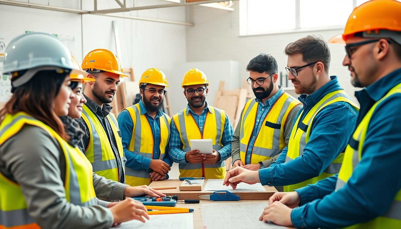 Engaged professionals in construction workforce development training using various tools and safety gear.