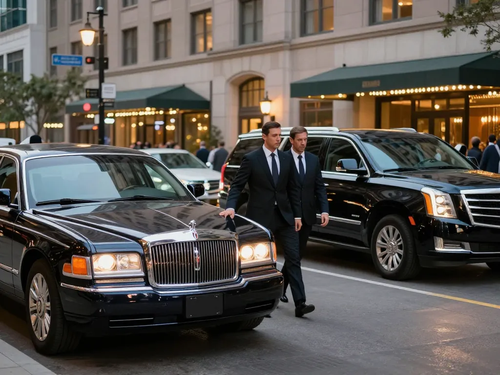 Experience premium chauffeur service to O'Hare with elegant vehicles and professional drivers in a luxurious urban setting.