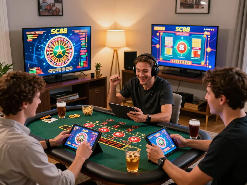 Players enjoying SC88 live dealer games in a vibrant home setting with immersive casino graphics.