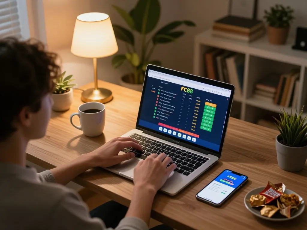 Engaging scene of a person placing bets on the FC88 online sports betting platform from a cozy home office.