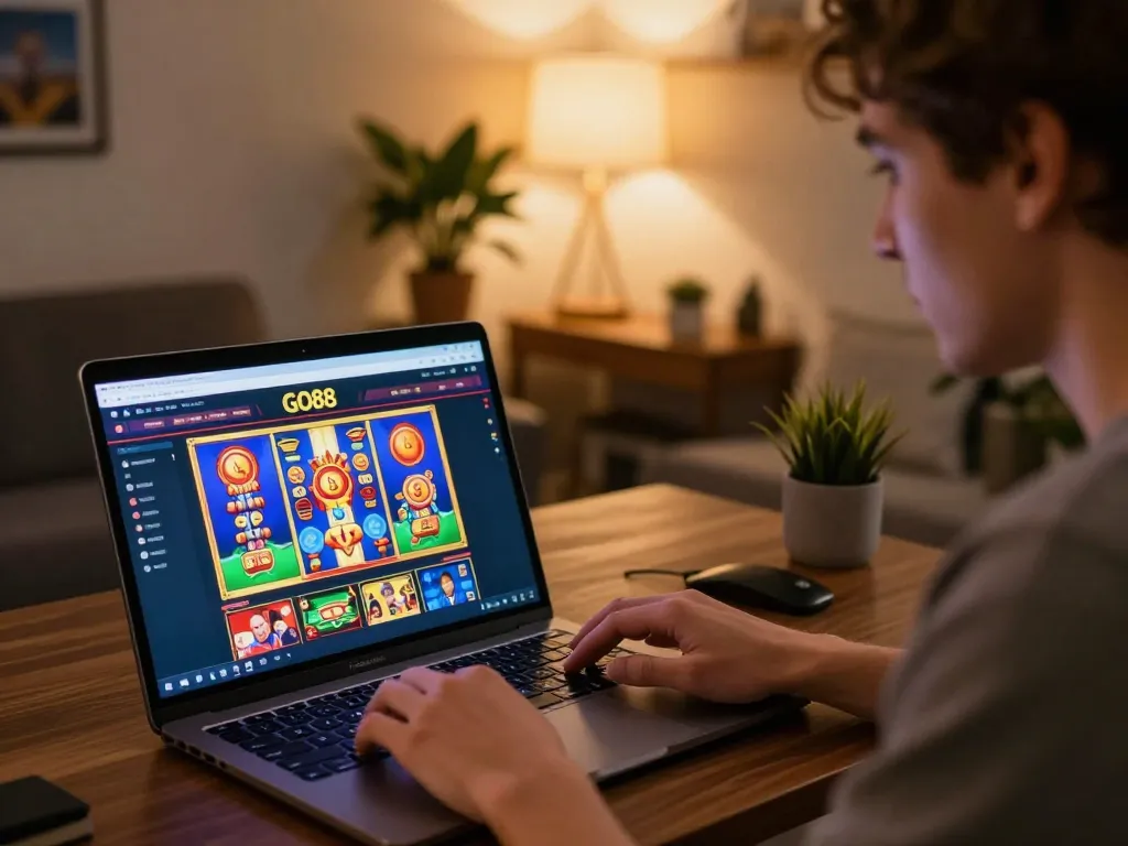 Engaging player enjoying GO88 online slots in stylish home setup, emphasizing strategic gaming moments