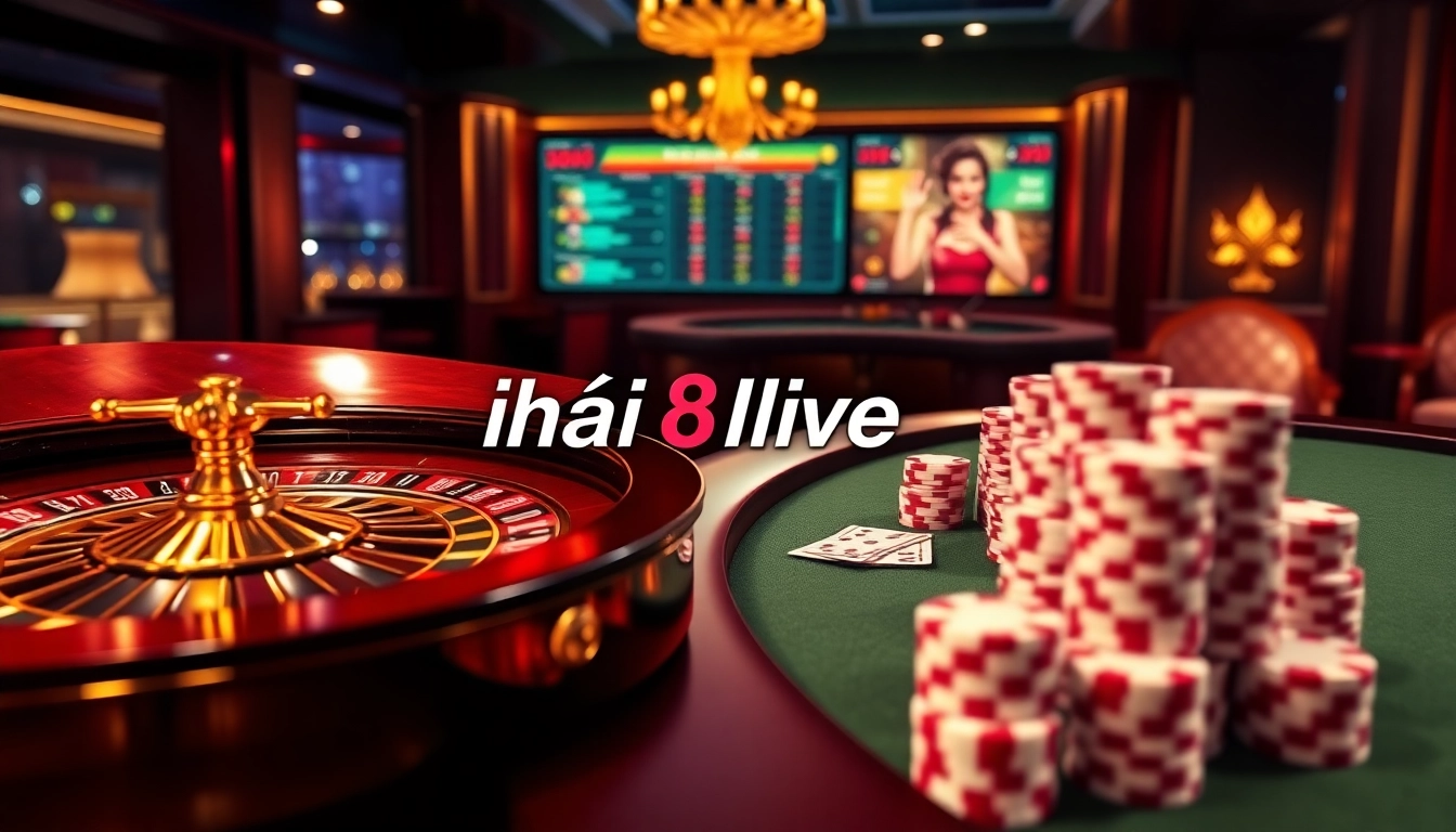 Experience the high stakes at nhà cái 8live with an exciting online casino setup featuring roulette and poker chips.